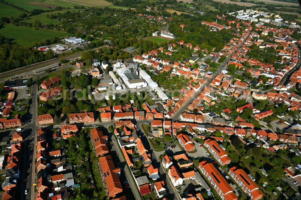 Hagenow from the bird's eye view: Elevated tanks and technical systems on the buildings on the dairy factory premises Landmolkerei Hagenow Gmbh in Hagenow in the state Mecklenburg - Western Pomerania, Germany