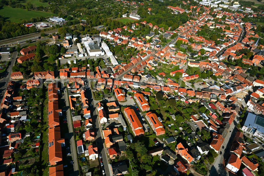 Aerial image Hagenow - Elevated tanks and technical systems on the buildings on the dairy factory premises Landmolkerei Hagenow Gmbh in Hagenow in the state Mecklenburg - Western Pomerania, Germany