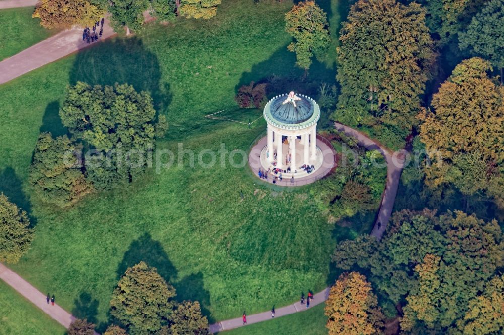 Aerial photograph München - The Monopteros round temple in the English garden in Munich in the state Bavaria after the comprehensive renovation 2016