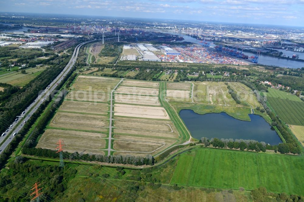 Hamburg Moorburg from above - Spoil ground Moorburger embankment on the A7 motorway in Hamburg. A project of the Hamburg Port Authority HPA