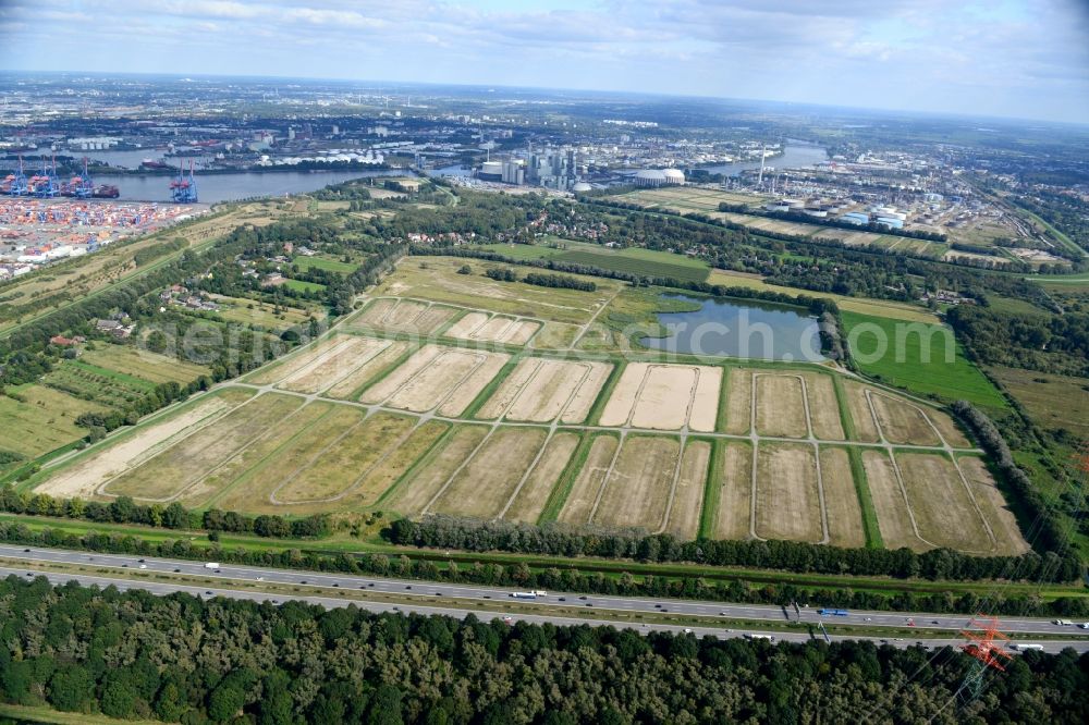 Aerial image Hamburg Moorburg - Spoil ground Moorburger embankment on the A7 motorway in Hamburg. A project of the Hamburg Port Authority HPA