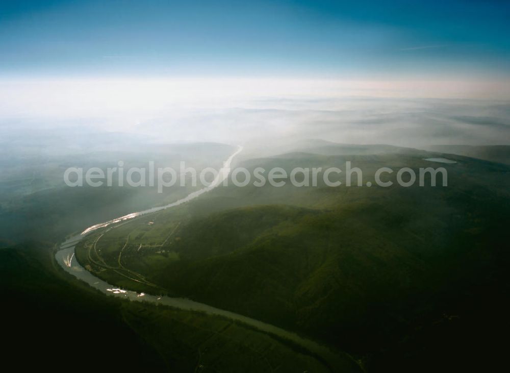 Aerial image Gemünden am Main - View of the turn of the river Main in the Bavarian Gemünden in Lower Franconia. Morning fog is high above the valleys of the Spessart Mountains