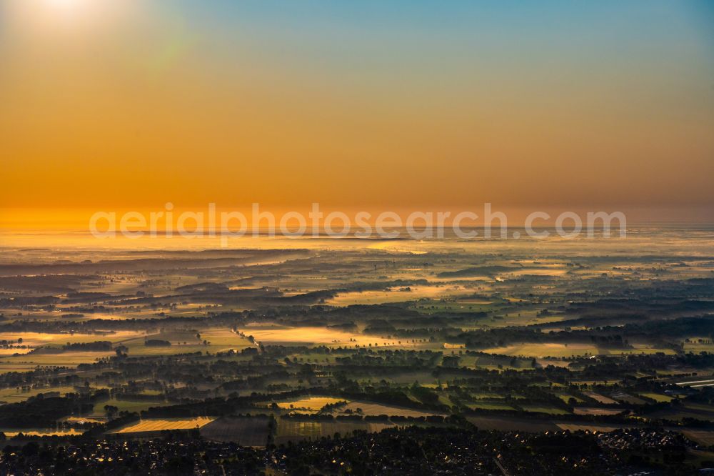 Lauenburg/Elbe from above - Morning haze in the meadows and fields near Lauenburg/Elbe in the state Schleswig-Holstein, Germany