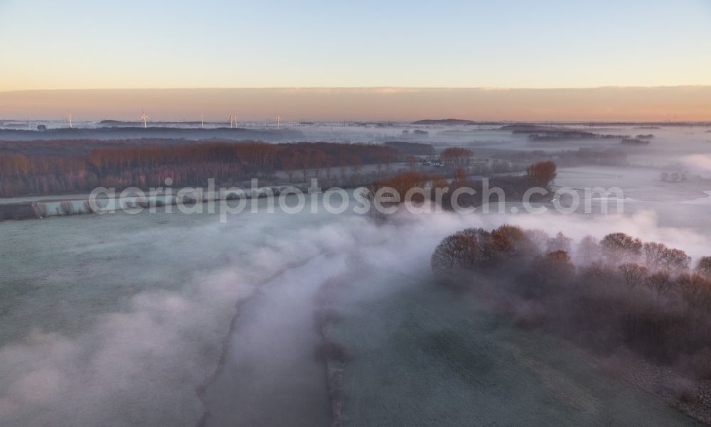 Hamm from above - Landscape of Morning mist over the lip and the meadows of the Lippeauen at sunrise on the outskirts of Hamm, North Rhine-Westphalia