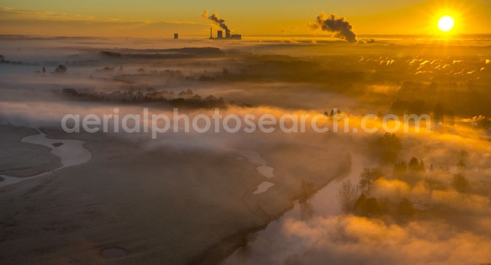 Aerial image Hamm - Landscape of Morning mist over the lip and the meadows of the Lippeauen at sunrise on the outskirts of Hamm, North Rhine-Westphalia