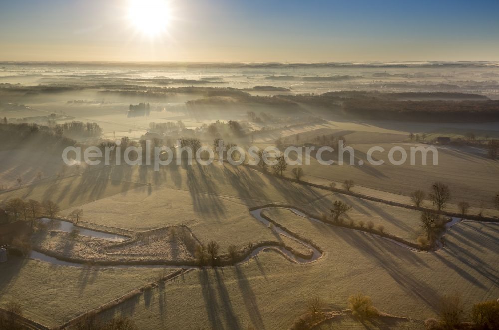 Hamm from above - Morning fog over the course of the river Ahse to the restoration sites and the meadows of the Lippeauen at sunrise in Hamm in North Rhine-Westphalia