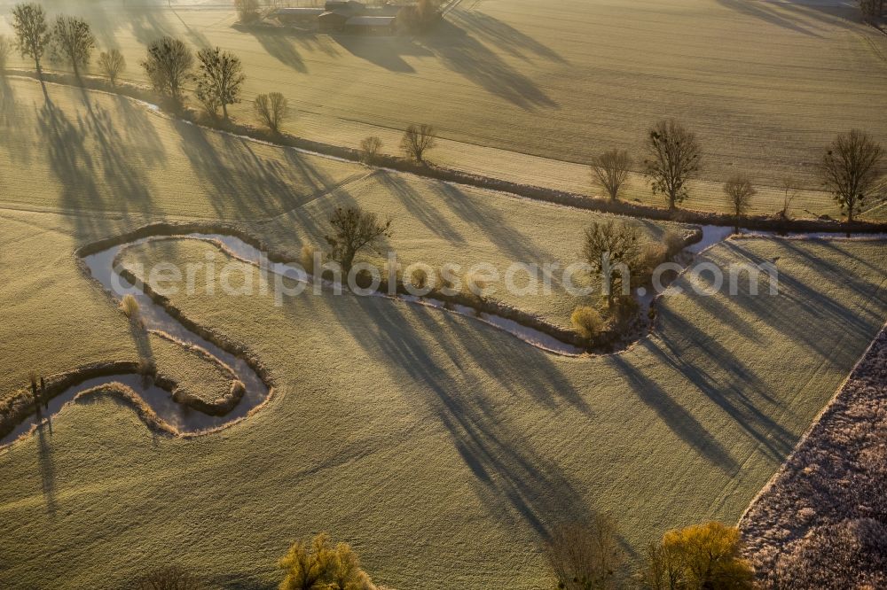 Aerial image Hamm - Morning fog over the course of the river Ahse to the restoration sites and the meadows of the Lippeauen at sunrise in Hamm in North Rhine-Westphalia