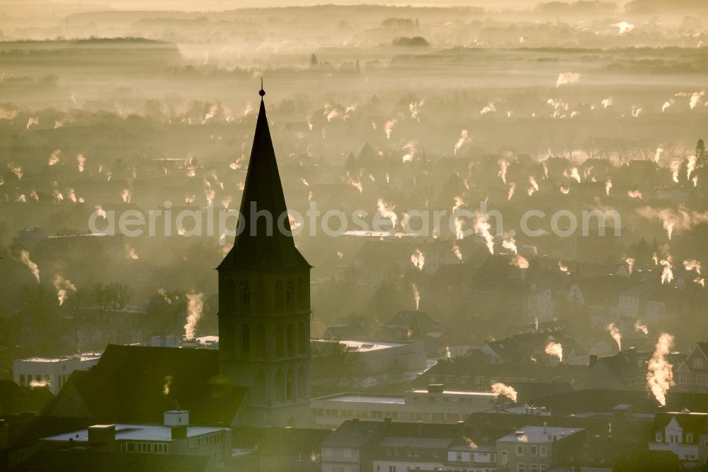Aerial image Hamm - Morning fog in the backlight over St. Paul's Church with plumes of chimneys at sunrise in Hamm, North Rhine-Westphalia