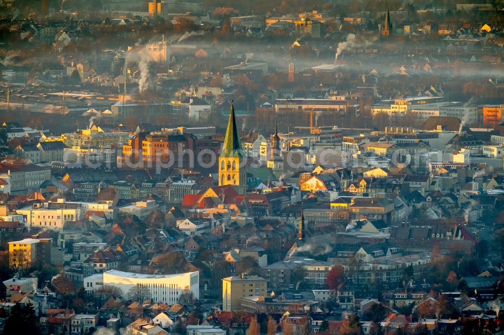 Aerial image Hamm - Morning fog in the backlight over St. Paul's Church with plumes of chimneys at sunrise in Hamm, North Rhine-Westphalia