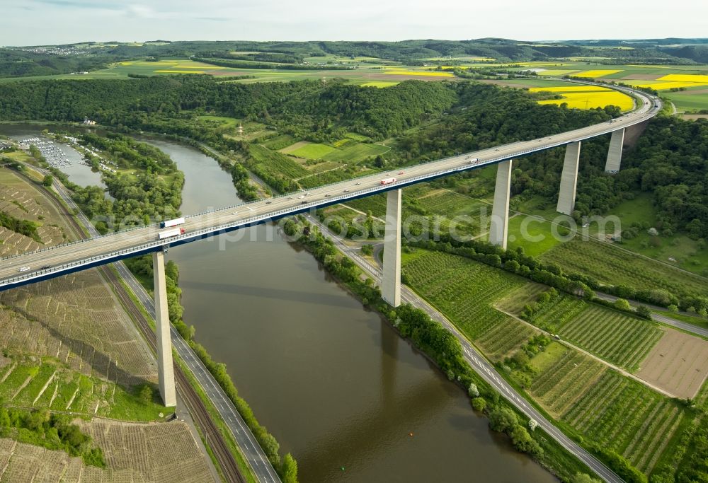 Dieblich from above - Mosel bridge over the bank of the river Mosel near Winningen in the state of Rhineland-Palatinate