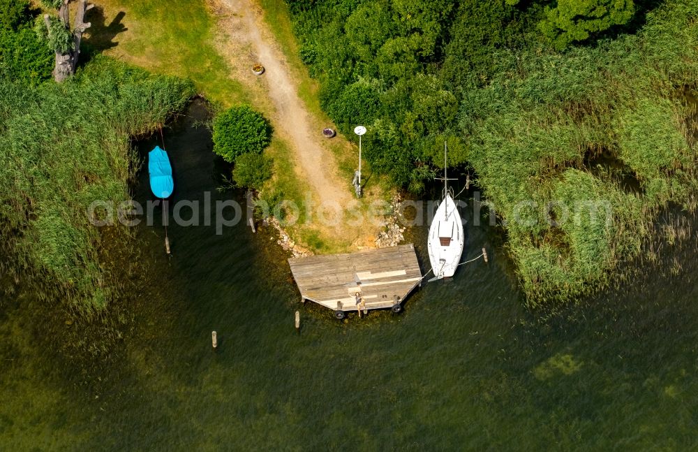 Plau am See from above - Sailingboat marina with docks on the shore area of Plauer See in Plau am See in the state Mecklenburg - Western Pomerania