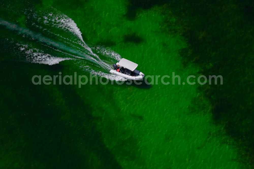 Aerial photograph Radolfzell am Bodensee - Motorboat in motion vor of Halbinsel Mettnau in Radolfzell am Bodensee in the state Baden-Wuerttemberg, Germany