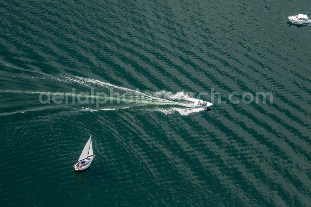 Röbel/Müritz from above - Sailboat under way on lake Mueritz in Roebel/Mueritz in the state Mecklenburg - Western Pomerania