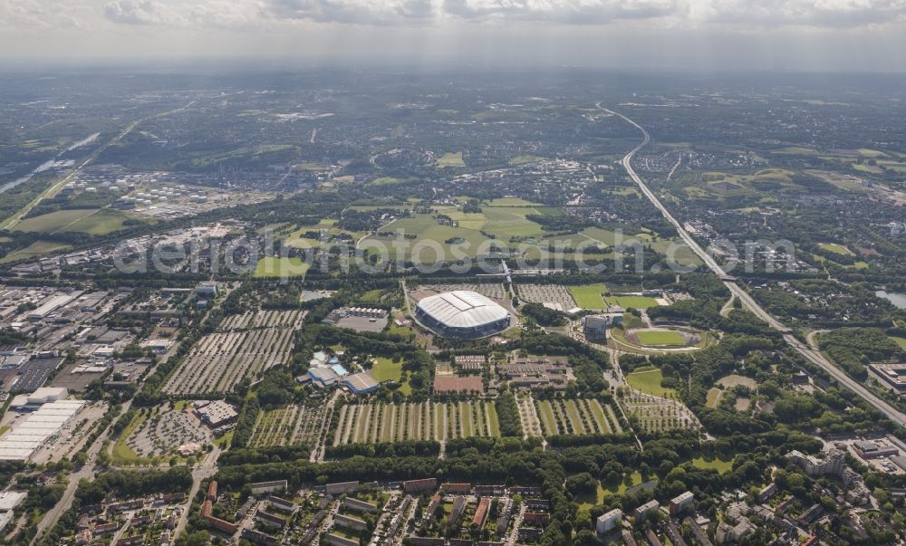 Gelsenkirchen from above - View the Veltins-Arena, the stadium of Bundesliga football team FC Schalke 04. The multifunctional arena also offers space for concerts and other sports events such as biathlon, ice hockey or boxing