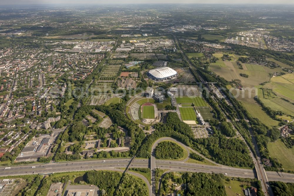 Gelsenkirchen from the bird's eye view: View the Veltins-Arena, the stadium of Bundesliga football team FC Schalke 04. The multifunctional arena also offers space for concerts and other sports events such as biathlon, ice hockey or boxing