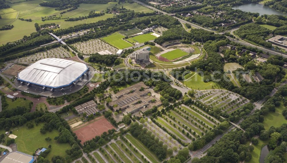 Gelsenkirchen from above - View the Veltins-Arena, the stadium of Bundesliga football team FC Schalke 04. The multifunctional arena also offers space for concerts and other sports events such as biathlon, ice hockey or boxing