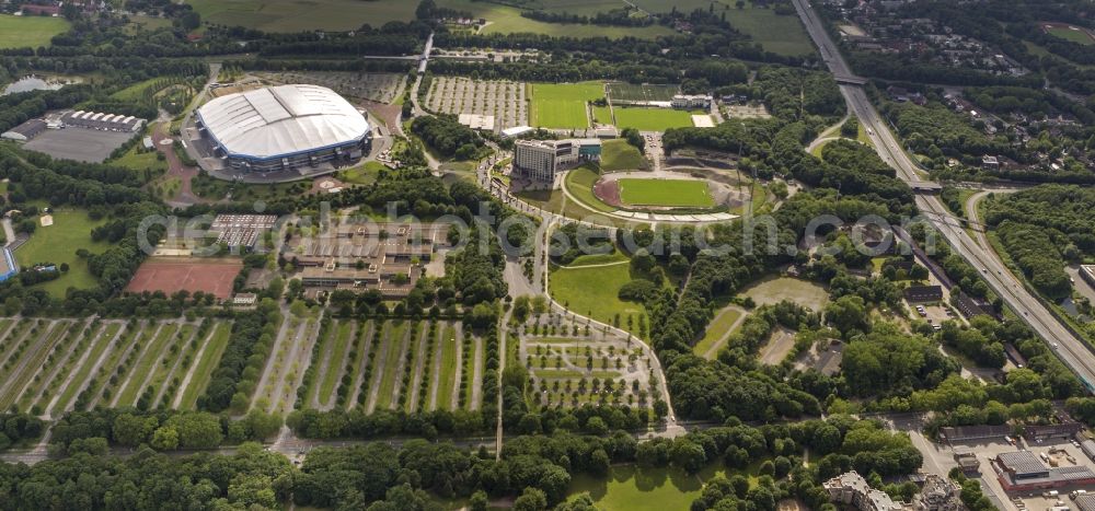 Gelsenkirchen from the bird's eye view: View the Veltins-Arena, the stadium of Bundesliga football team FC Schalke 04. The multifunctional arena also offers space for concerts and other sports events such as biathlon, ice hockey or boxing