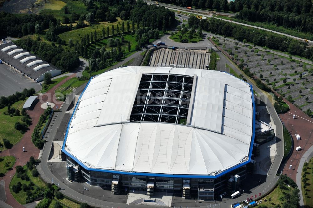 Gelsenkirchen from above - View the Veltins-Arena, the stadium of Bundesliga football team FC Schalke 04. The multifunctional arena also offers space for concerts and other sports events such as biathlon, ice hockey or boxing