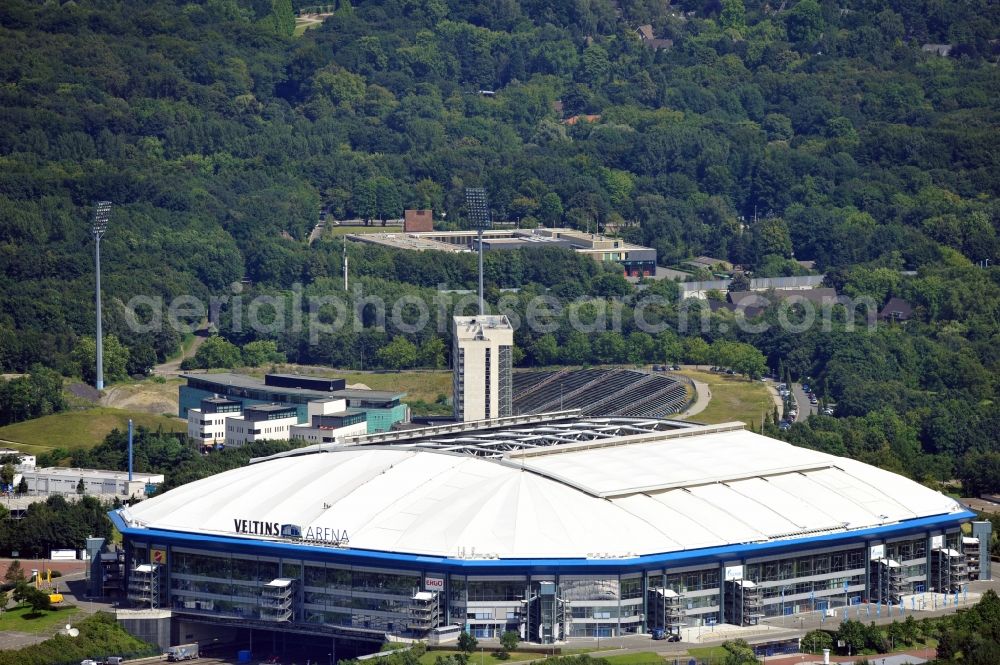 Gelsenkirchen from above - View the Veltins-Arena, the stadium of Bundesliga football team FC Schalke 04. The multifunctional arena also offers space for concerts and other sports events such as biathlon, ice hockey or boxing