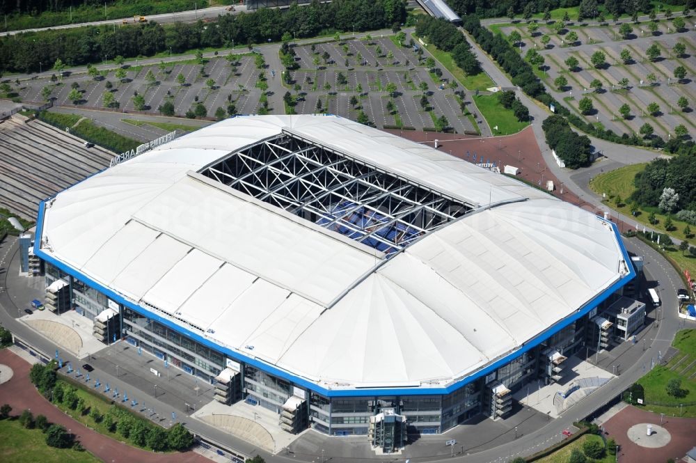 Gelsenkirchen from above - View the Veltins-Arena, the stadium of Bundesliga football team FC Schalke 04. The multifunctional arena also offers space for concerts and other sports events such as biathlon, ice hockey or boxing