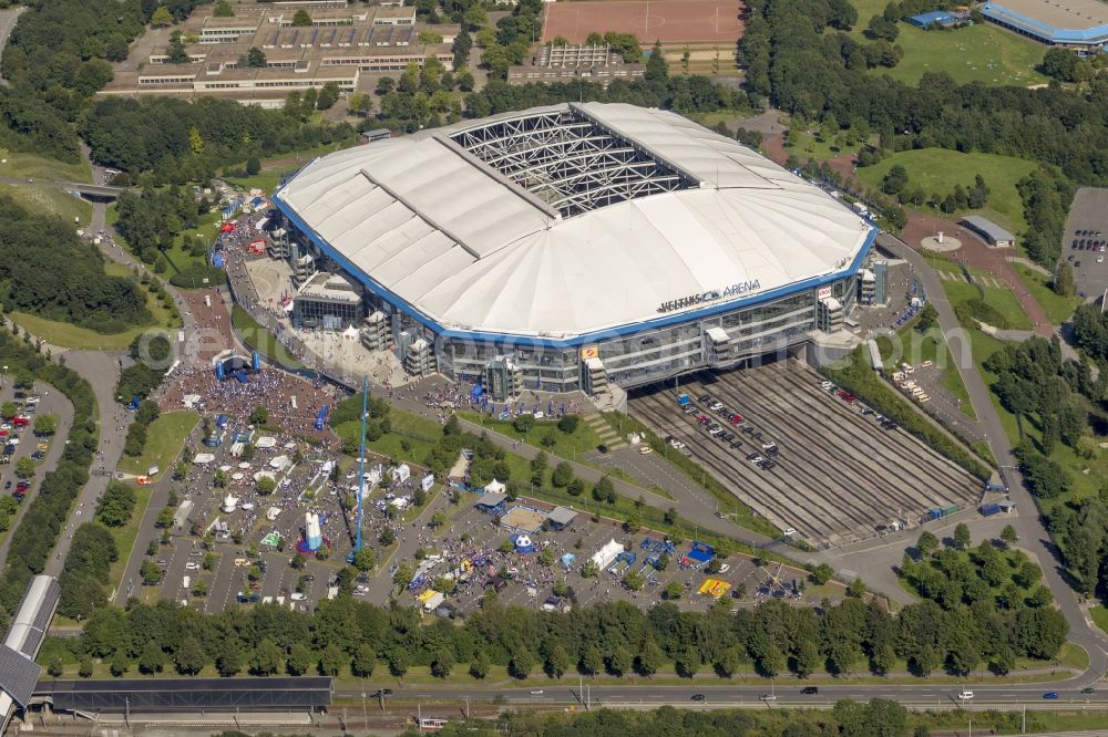 Gelsenkirchen from above - View the Veltins-Arena, the stadium of Bundesliga football team FC Schalke 04. The multifunctional arena also offers space for concerts and other sports events such as biathlon, ice hockey or boxing