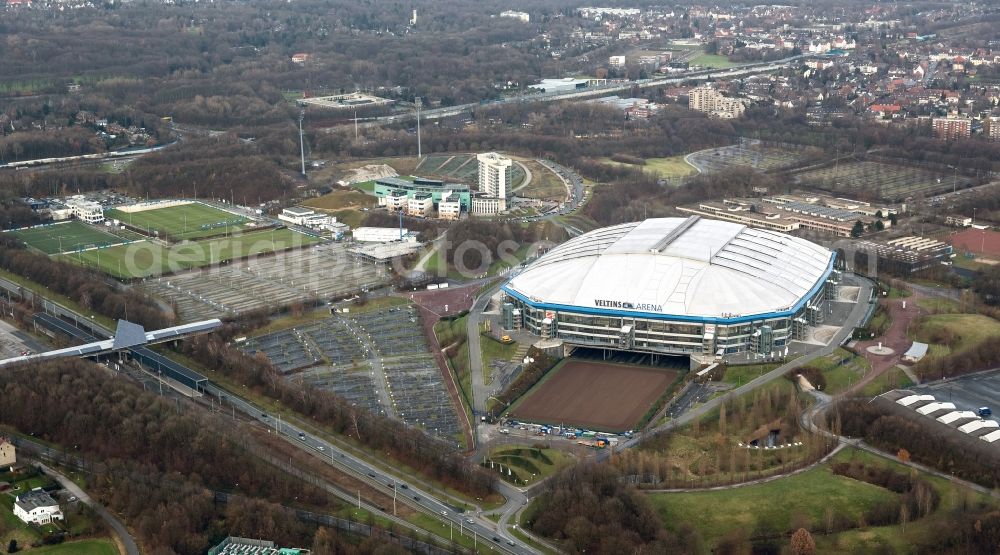 Gelsenkirchen from the bird's eye view: View the Veltins-Arena, the stadium of Bundesliga football team FC Schalke 04. The multifunctional arena also offers space for concerts and other sports events such as biathlon, ice hockey or boxing