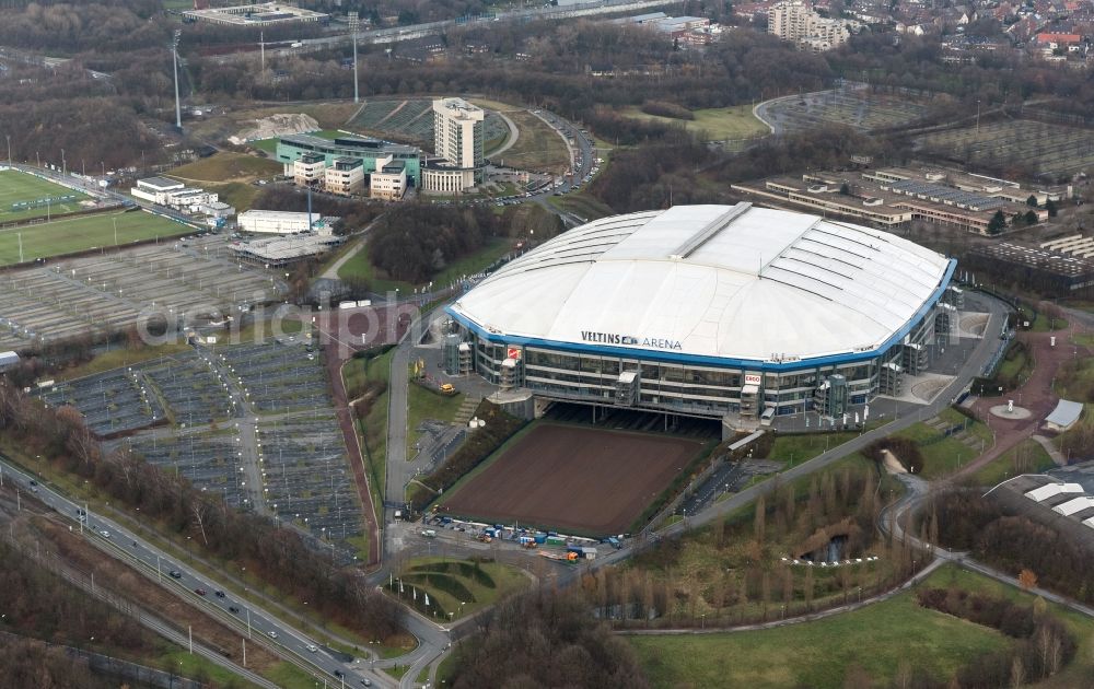 Aerial image Gelsenkirchen - View the Veltins-Arena, the stadium of Bundesliga football team FC Schalke 04. The multifunctional arena also offers space for concerts and other sports events such as biathlon, ice hockey or boxing