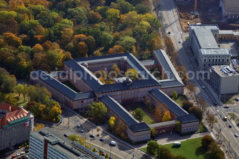 Leipzig from above - View of the building complex Museen im Grassi at Johannisplatz in Leipzig in Saxony. The Grassi Museum is an Art Deco building which houses the Museum of Applied Arts, the Museum of Ethnology and the Museum of Musical Instruments. The building is also location of the annual Grassimesse