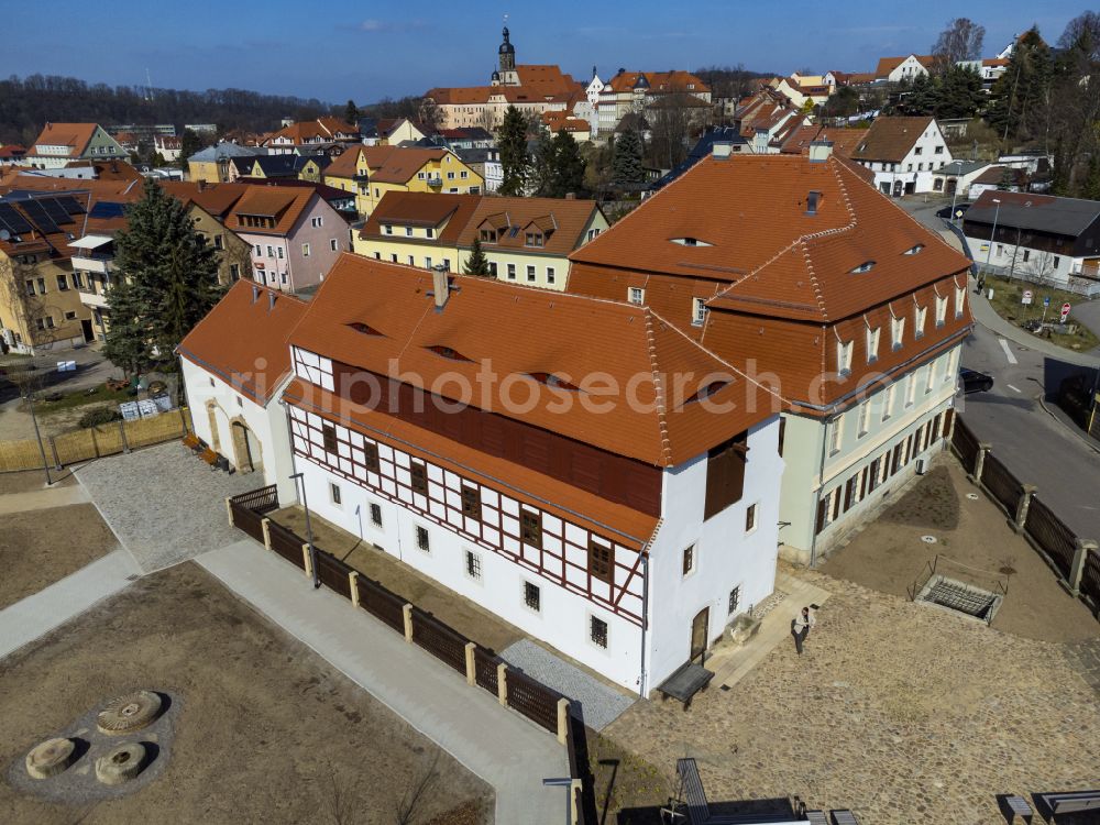 Dippoldiswalde from above - Museum building ensemble LOHGERBER MUSEUM & GALERIE on street Freiberger Strasse in the district Pretzschendorf in Dippoldiswalde in the state Saxony, Germany