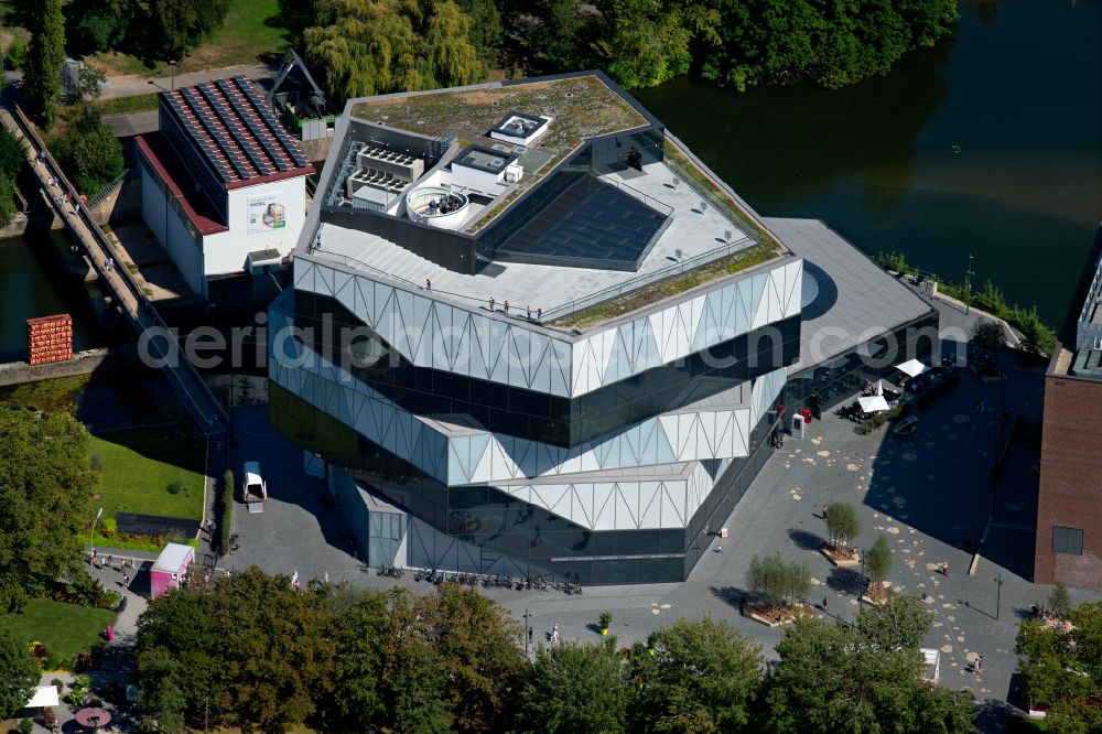 Heilbronn from the bird's eye view: Museum and exhibition building ensemble and science center experimenta at Experimenta-Platz - Kranenstrasse in Heilbronn in the federal state of Baden-Wuerttemberg, Germany