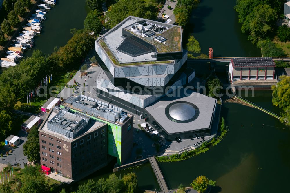 Heilbronn from the bird's eye view: Museum and exhibition building ensemble and science center experimenta at Experimenta-Platz - Kranenstrasse in Heilbronn in the federal state of Baden-Wuerttemberg, Germany