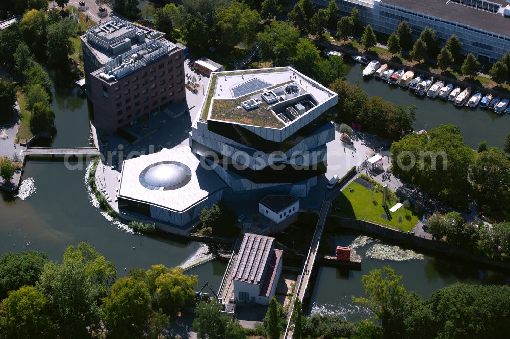 Heilbronn from above - Museum and exhibition building ensemble and science center experimenta at Experimenta-Platz - Kranenstrasse in Heilbronn in the federal state of Baden-Wuerttemberg, Germany