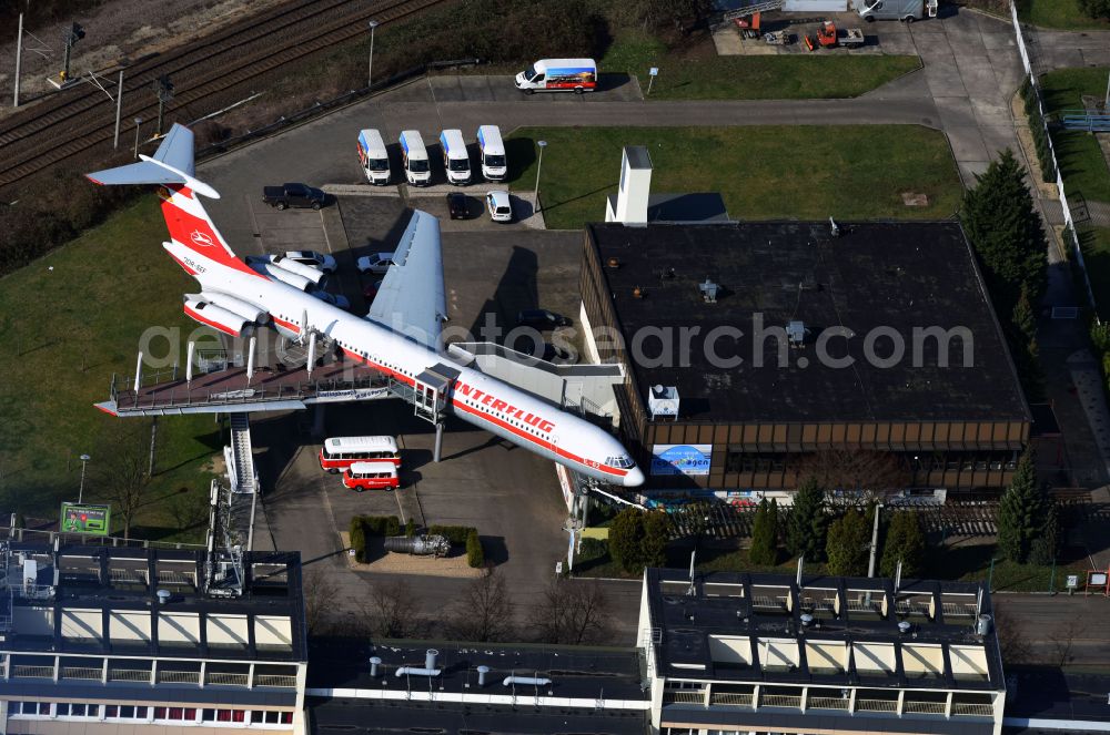 Aerial photograph Leipzig - Discarded Ilyushin IL-62 passenger aircraft of the former GDR - airline INTERFLUG as an aircraft with the registration DDR-SEF - used as a museum building ensemble and restaurant on Arno-Nitzsche-Strasse in the southern part of the city Leipzig in the state of Saxony, Germany