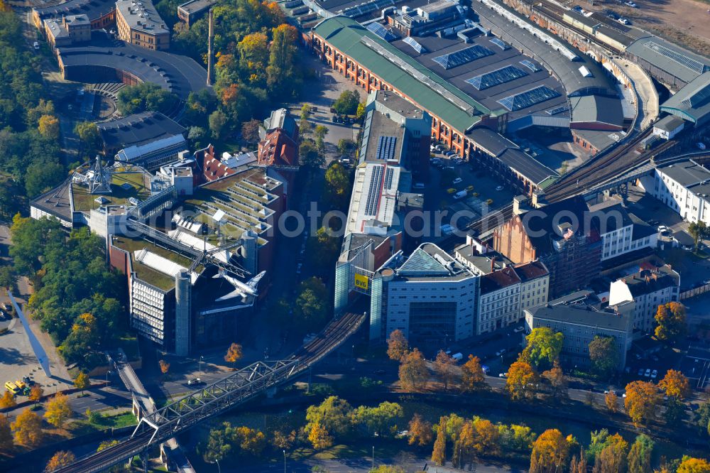 Berlin from the bird's eye view: Museum building ensemble of the German technology museum of Berlin (DTMB) on the Tempelhofer shore in the district Kreuzberg in Berlin, Germany