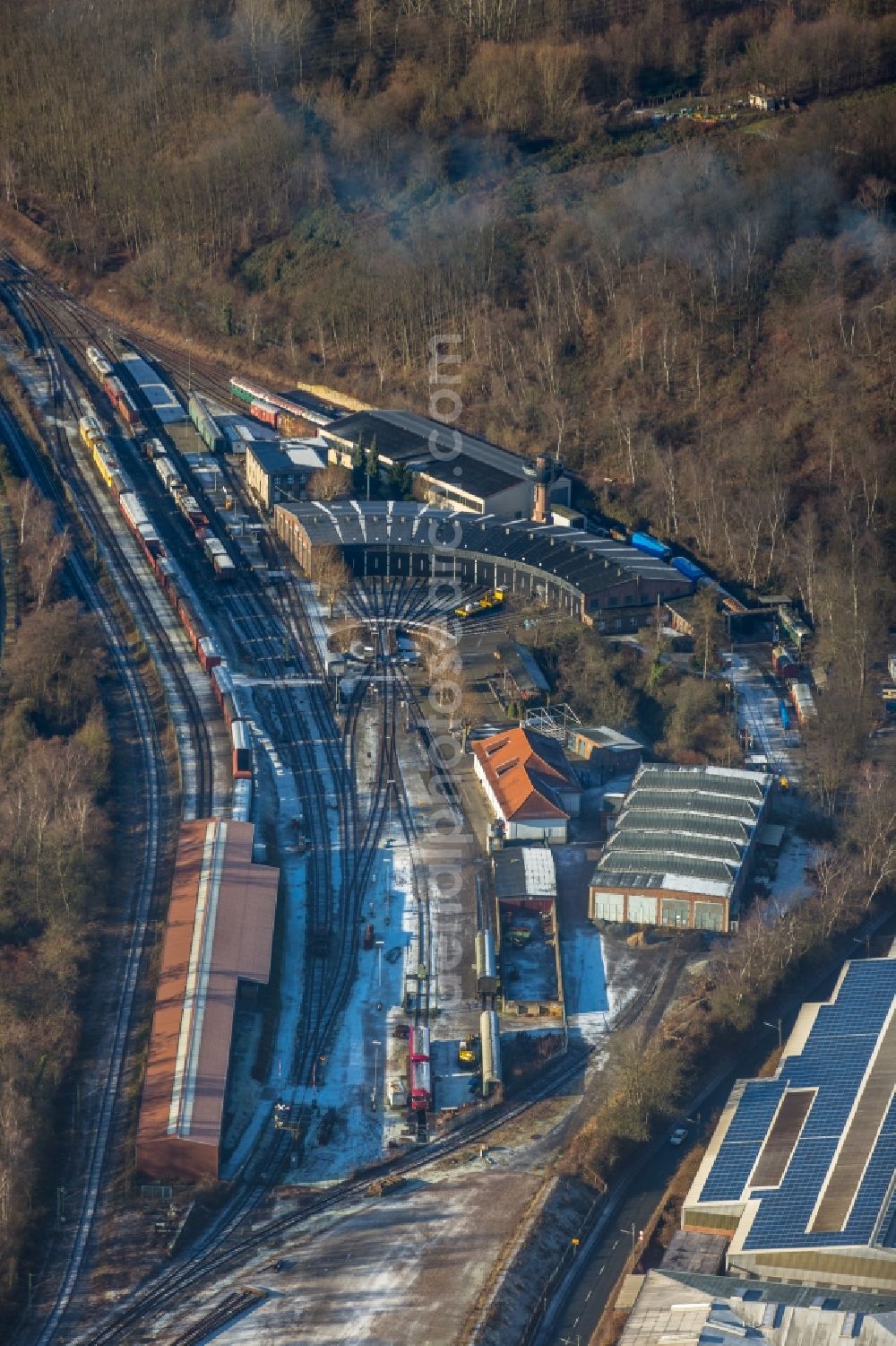 Bochum from above - Museum building ensemble railway museum of Bochum in the district of Dahlhausen in Bochum in the federal state North Rhine-Westphalia