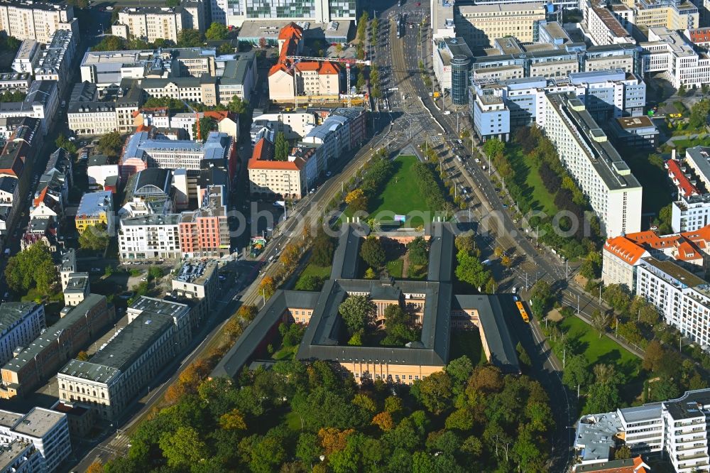 Leipzig from above - Museum building ensemble GRASSI Museum fuer Voelkerkande, Musikinstrumente and Angewondte Kunst on Johonnisplatz in Leipzig in the state Saxony, Germany