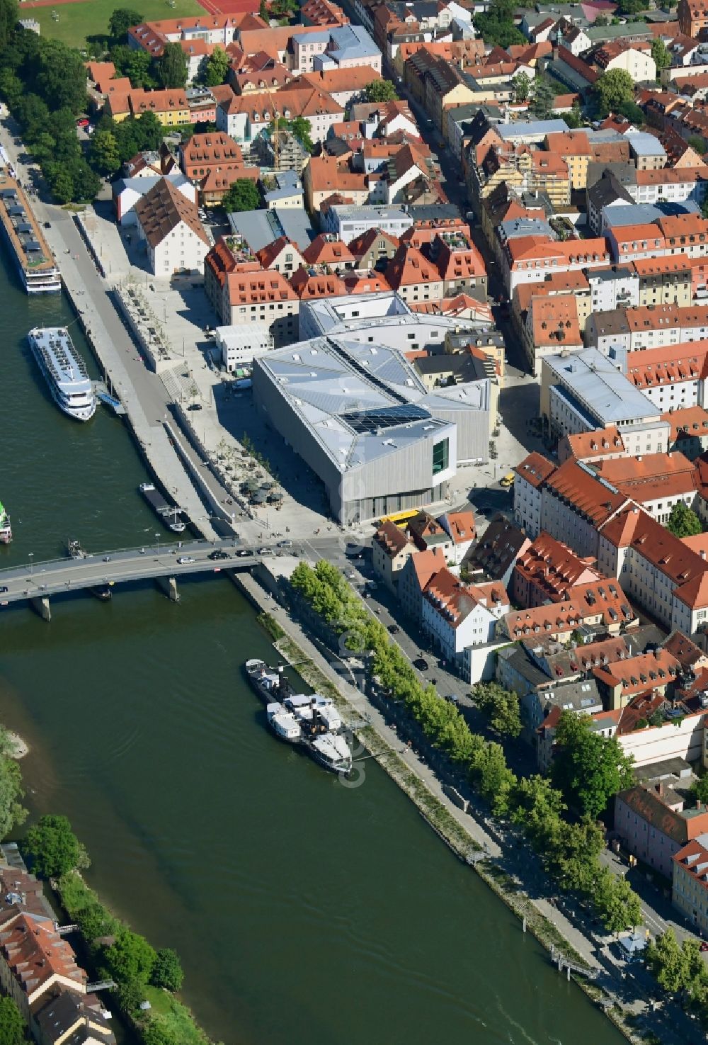 Regensburg from above - Museum building ensemble Haus of Bayerischen Geschichte - Museum on Donaumarkt in Regensburg in the state Bavaria, Germany