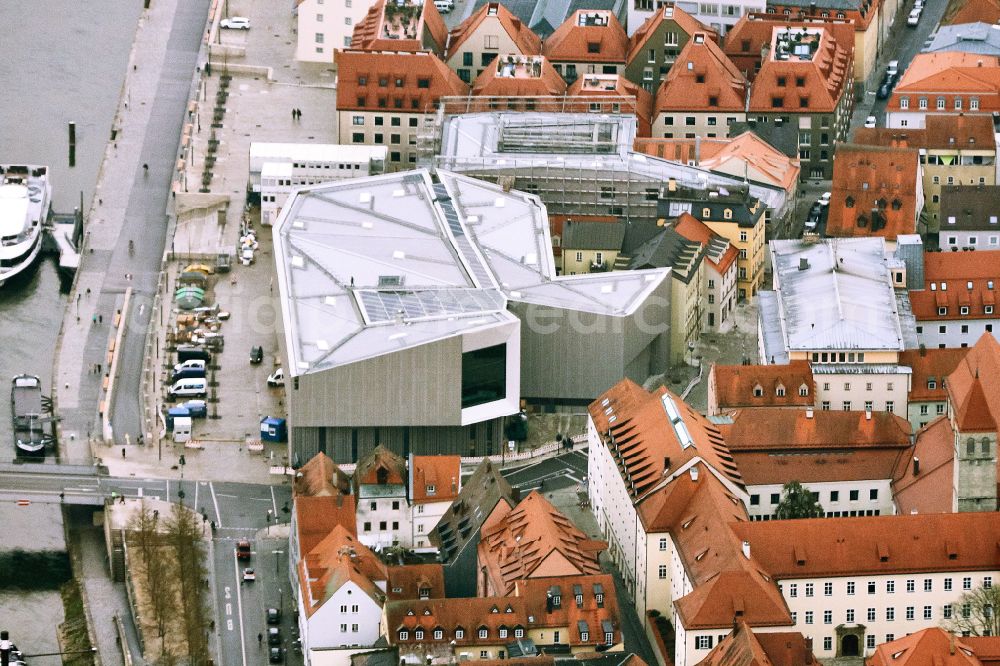 Regensburg from above - Museum building ensemble Haus of Bayerischen Geschichte on Donaumarkt in Regensburg in the state Bavaria, Germany