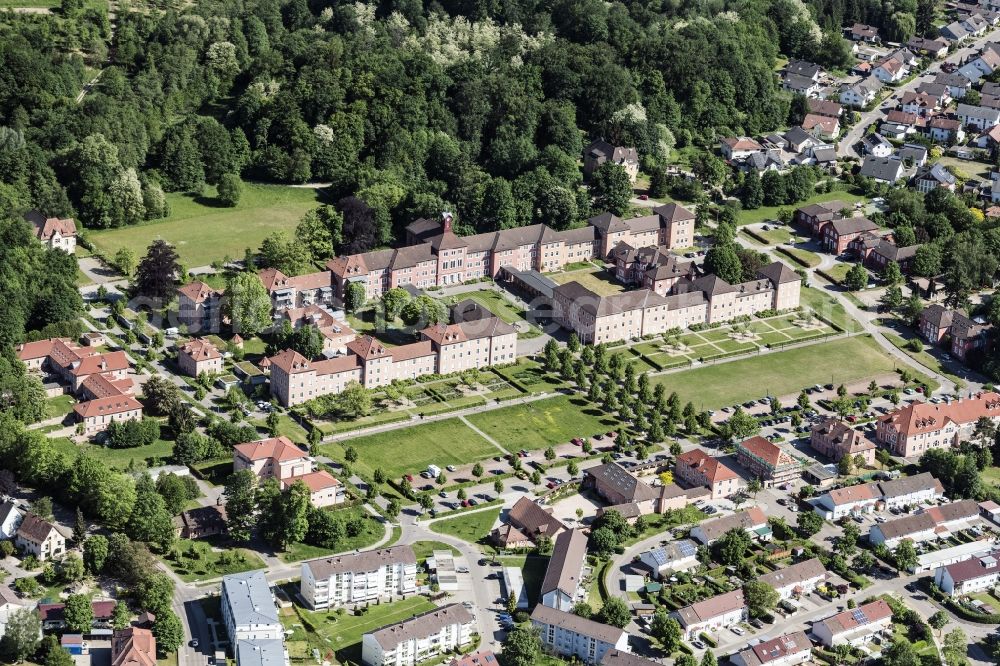 Achern from above - Museum building ensemble Illenau Arkaden in Achern in the state Baden-Wurttemberg, Germany