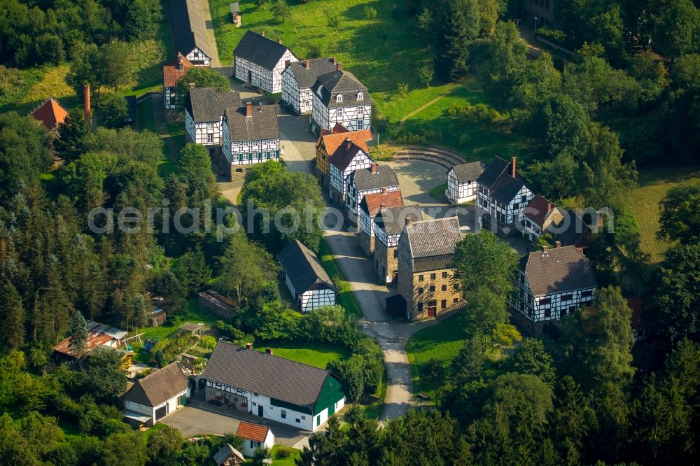 Hagen from above - Museum building ensemble LWL Freilichtmuseum Hagen in Hagen in the state North Rhine-Westphalia. Shown are the Weissgerberei - Kuerschnerei and the Achatschleiferei