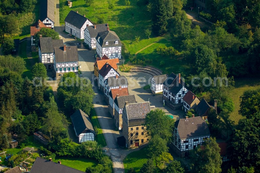 Hagen from the bird's eye view: Museum building ensemble LWL Freilichtmuseum Hagen in Hagen in the state North Rhine-Westphalia. Shown are the Weissgerberei - Kuerschnerei and the Achatschleiferei