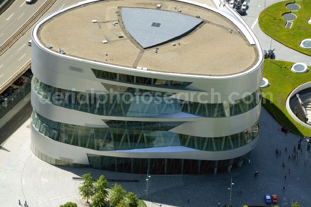 Stuttgart from above - Museum building ensemble Mercedes-Benz Museum on Mercedesstrasse in Stuttgart in the state Baden-Wuerttemberg