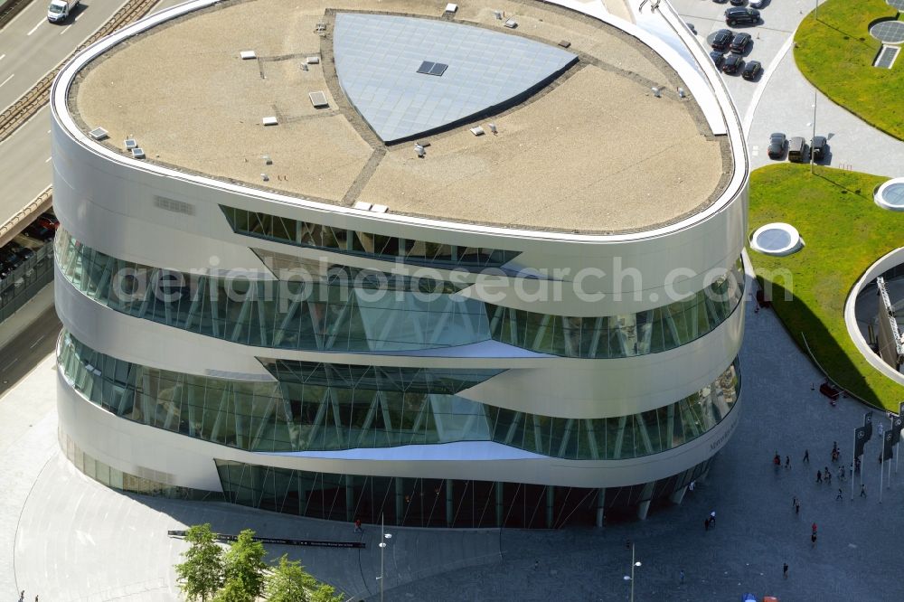 Stuttgart from the bird's eye view: Museum building ensemble Mercedes-Benz Museum on Mercedesstrasse in Stuttgart in the state Baden-Wuerttemberg