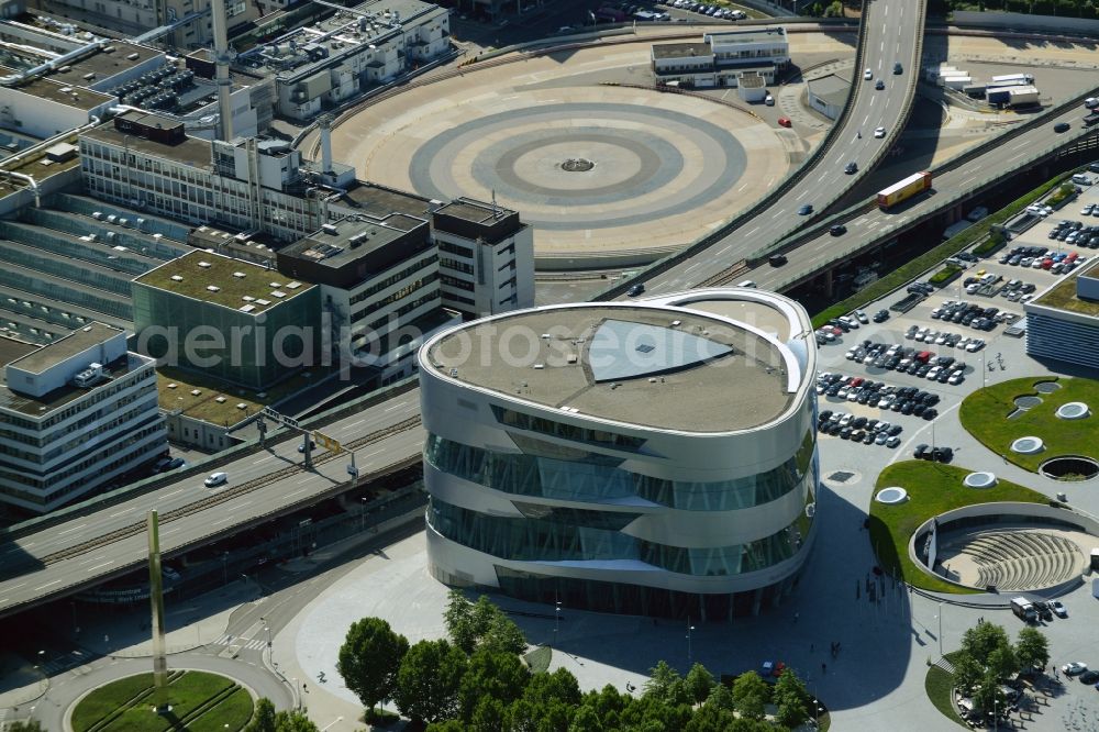 Stuttgart from above - Museum building ensemble Mercedes-Benz Museum on Mercedesstrasse in Stuttgart in the state Baden-Wuerttemberg