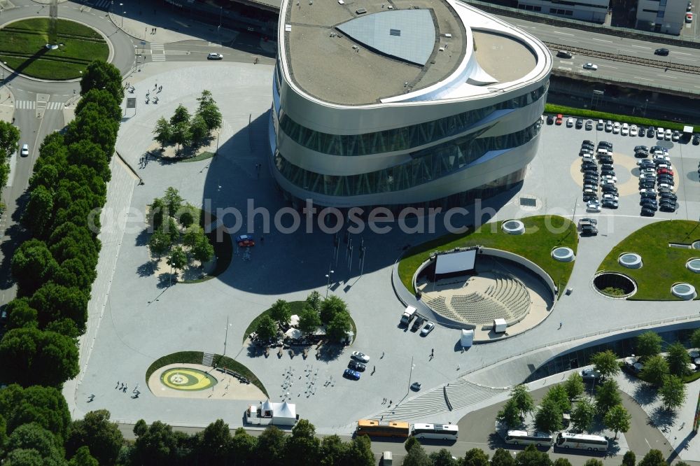 Stuttgart from above - Museum building ensemble Mercedes-Benz Museum on Mercedesstrasse in Stuttgart in the state Baden-Wuerttemberg