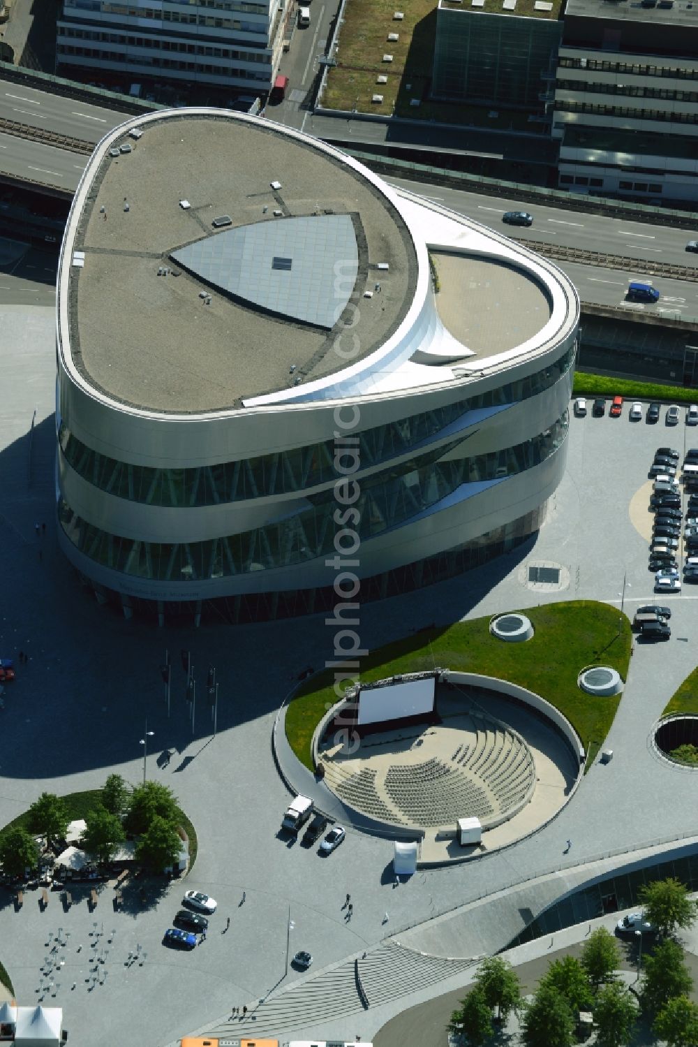 Stuttgart from above - Museum building ensemble Mercedes-Benz Museum on Mercedesstrasse in Stuttgart in the state Baden-Wuerttemberg