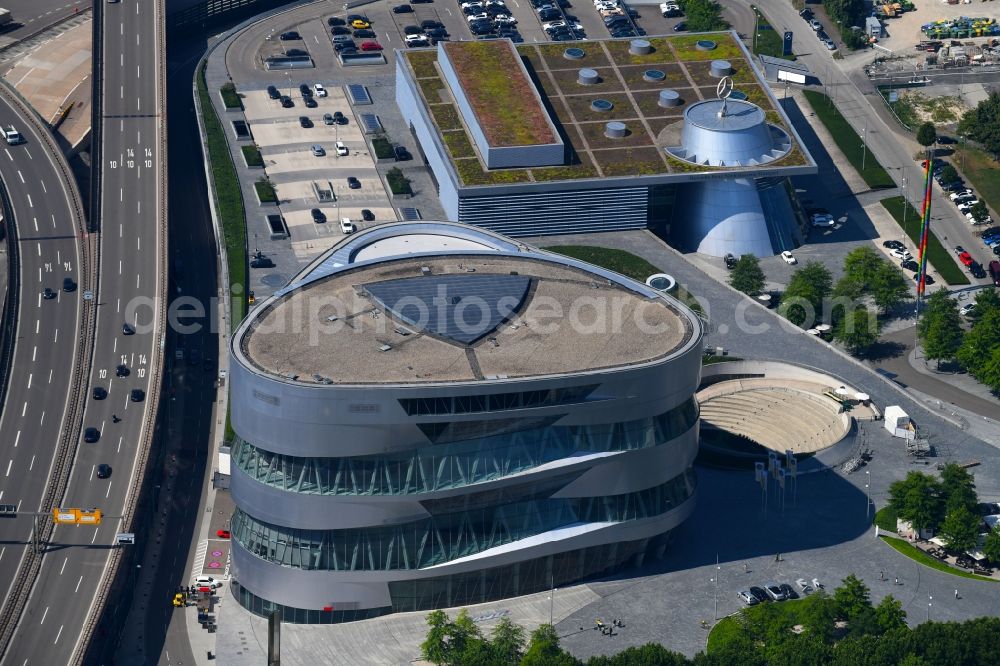 Stuttgart from above - Museum building ensemble Mercedes-Benz Museum on Mercedesstrasse in the district Untertuerkheim in Stuttgart in the state Baden-Wuerttemberg, Germany