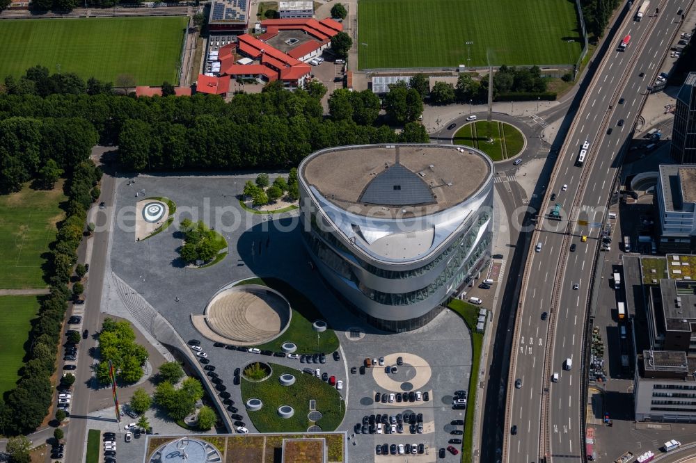 Stuttgart from above - museum building ensemble Mercedes-Benz Museum on Mercedesstrasse in the district Untertuerkheim in Stuttgart in the state Baden-Wurttemberg, Germany