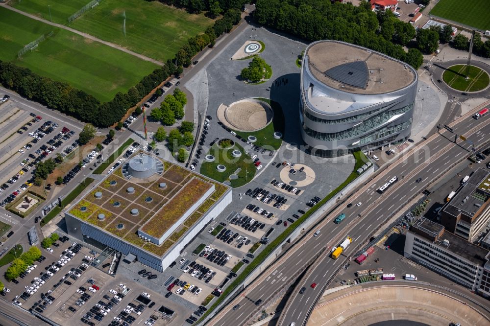 Aerial image Stuttgart - museum building ensemble Mercedes-Benz Museum on Mercedesstrasse in the district Untertuerkheim in Stuttgart in the state Baden-Wurttemberg, Germany