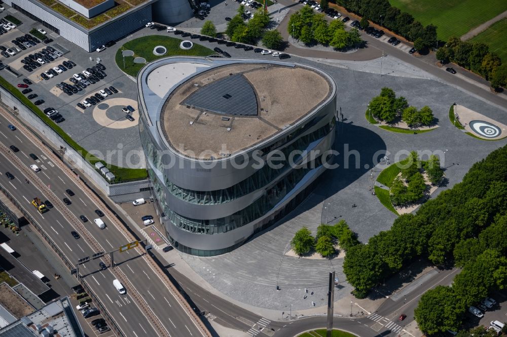 Stuttgart from above - museum building ensemble Mercedes-Benz Museum on Mercedesstrasse in the district Untertuerkheim in Stuttgart in the state Baden-Wurttemberg, Germany